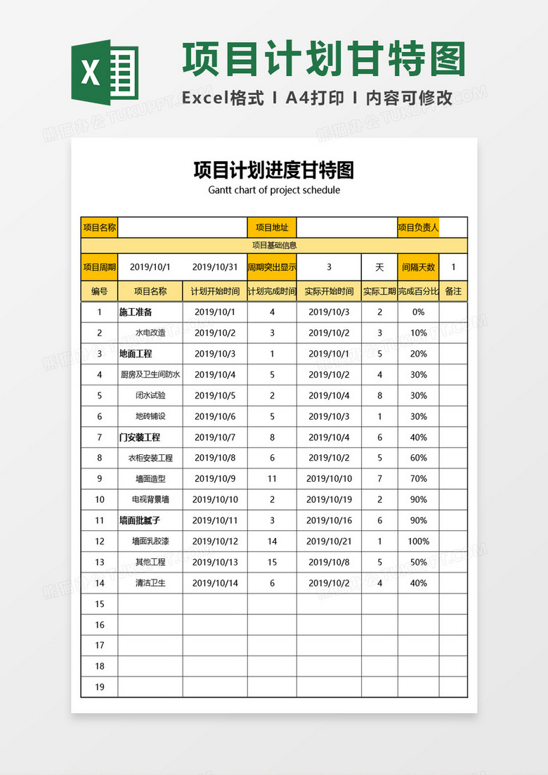 项目计划进度甘特图Excel模板