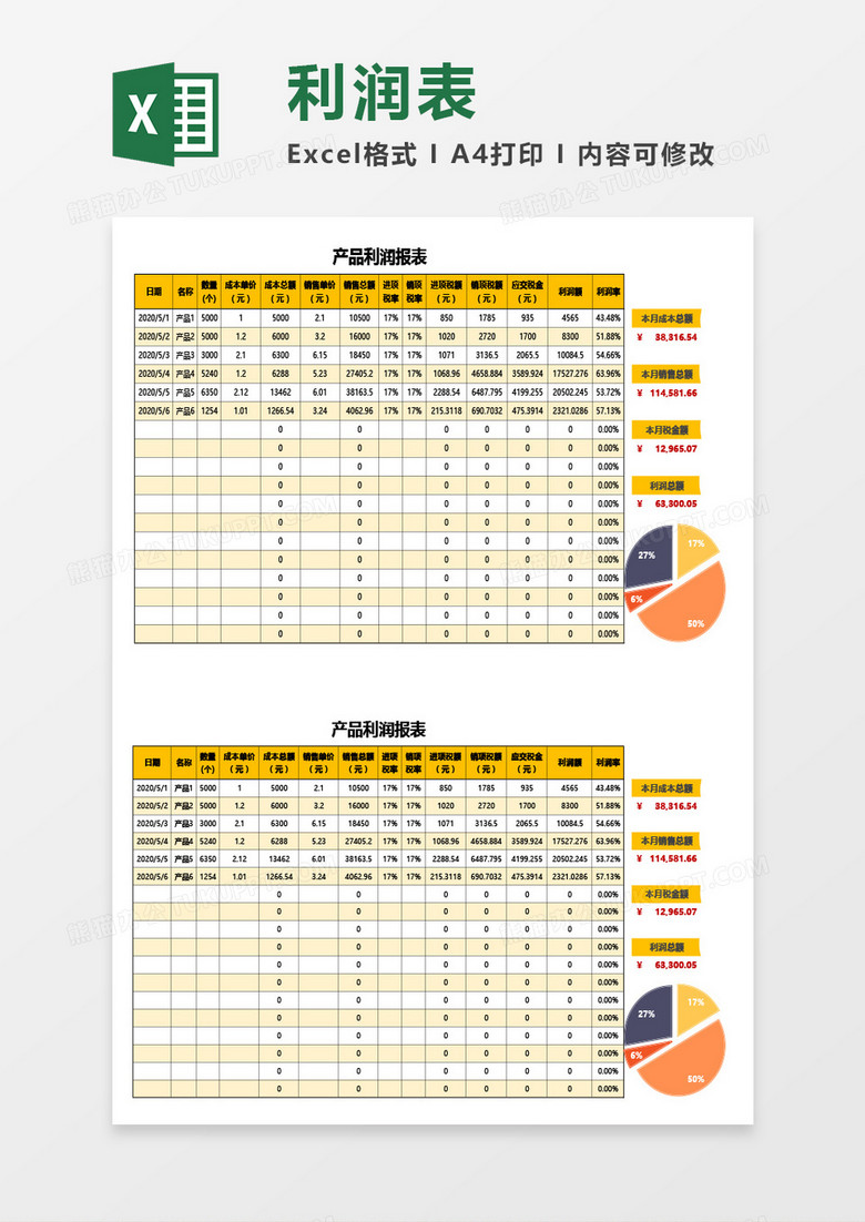 产品利润报表Excel模板