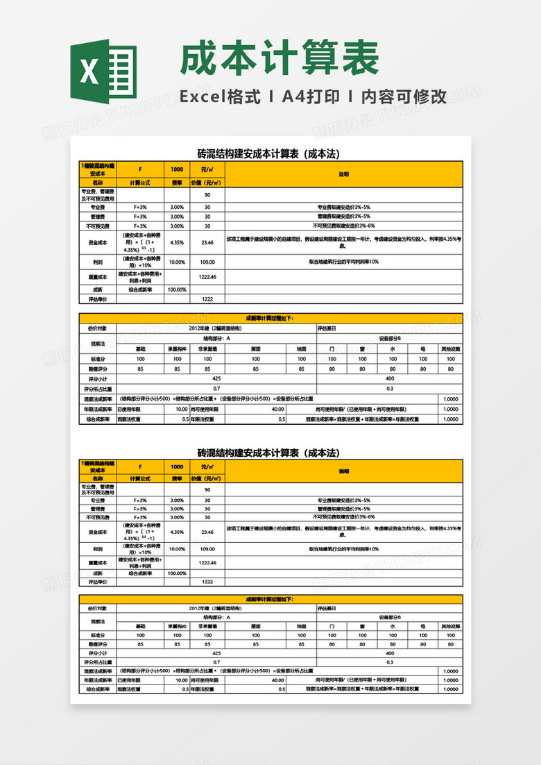 砖混结构建安成本计算表(成本法)Excel模板 - 副本 砖混结构建安成本计算表(成本法)Excel模板 - 副本