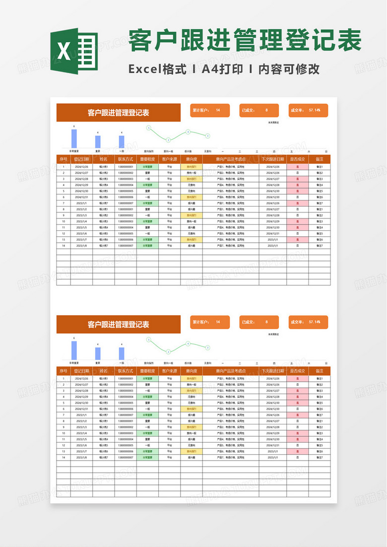 橙色客戶跟進(jìn)管理登記表excel模板