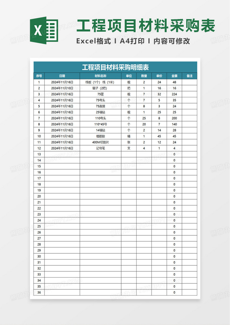 工程项目材料采购明细表excel模板