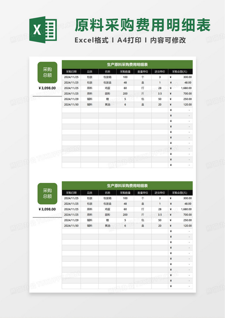 生产原料采购费用明细表excel模板