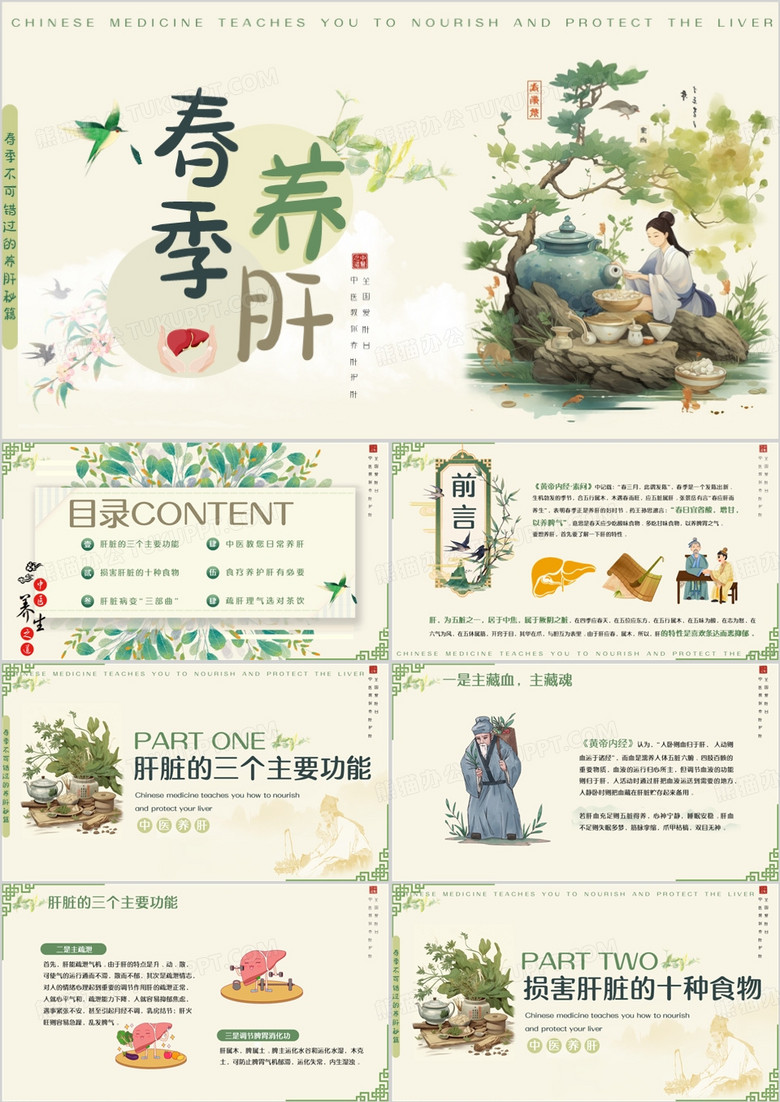 绿色中国风春季中医养肝PPT模板