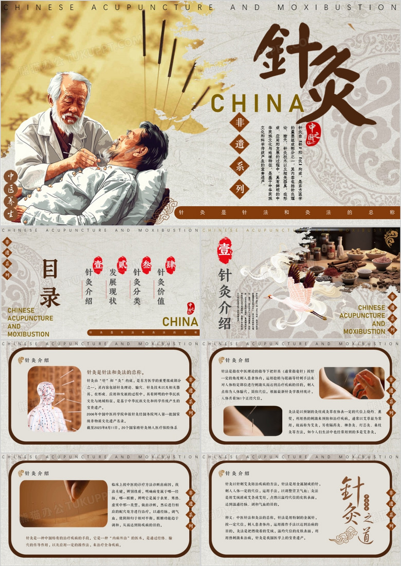 棕色中國(guó)風(fēng)非遺系列之中國(guó)針灸PPT模板
