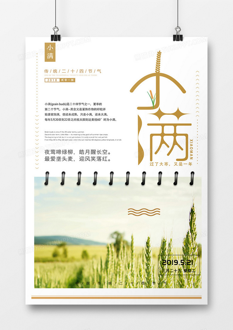 简约扁平绿色创意日历卡通小清新中国二十四节气小满海报