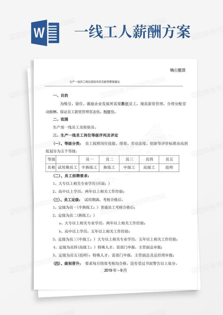 生产一线员工职工工人岗位等级评定及薪资管理