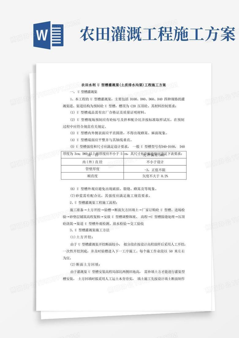 农田水利U型槽灌溉渠(土质排水沟渠)工程施工方案
