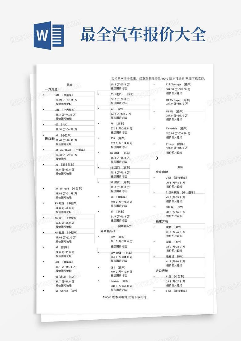 最全汽车报价大全