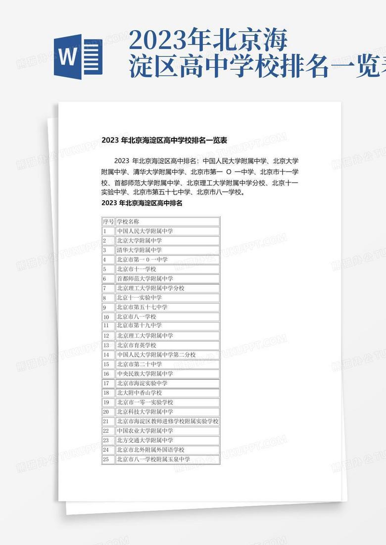 2023年北京海淀区高中学校排名一览表