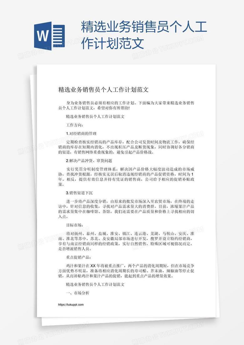 精选业务销售员个人工作计划范文