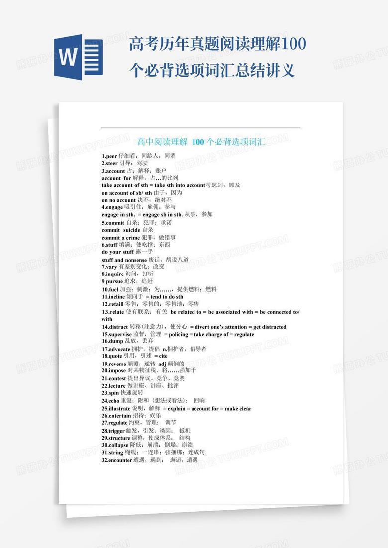 高考历年真题阅读理解100个必背选项词汇总结讲义