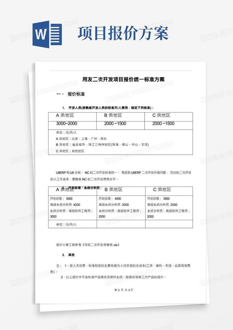 用友二次开发项目报价统一标准方案