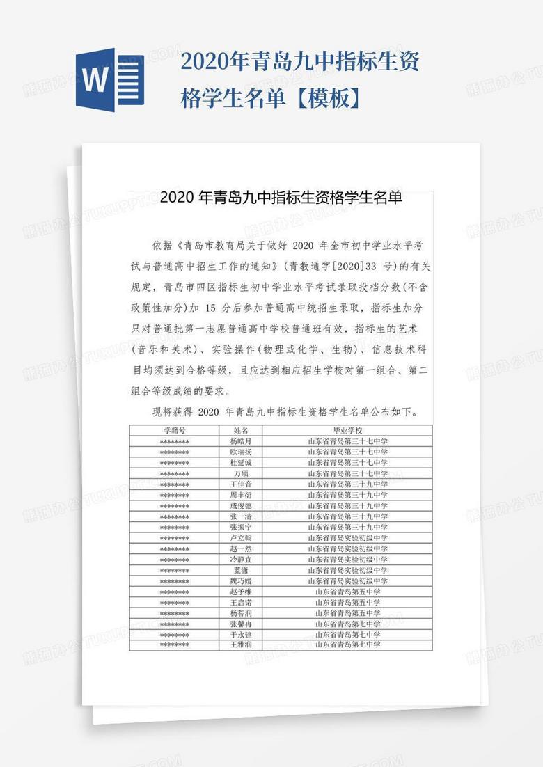 2020年青岛九中指标生资格学生名单【模板】