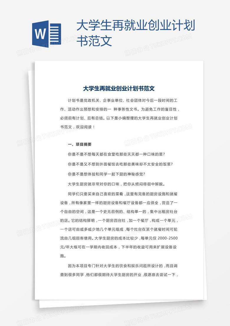 大学生再就业创业计划书范文