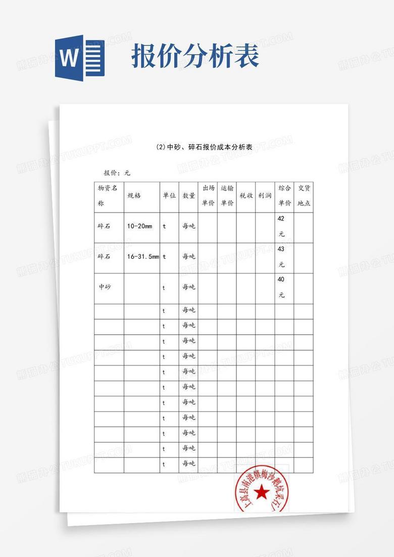 中砂、碎石报价成本分析表