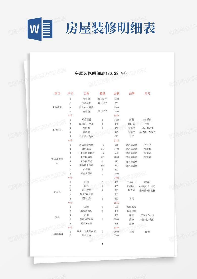 房屋装修明细表