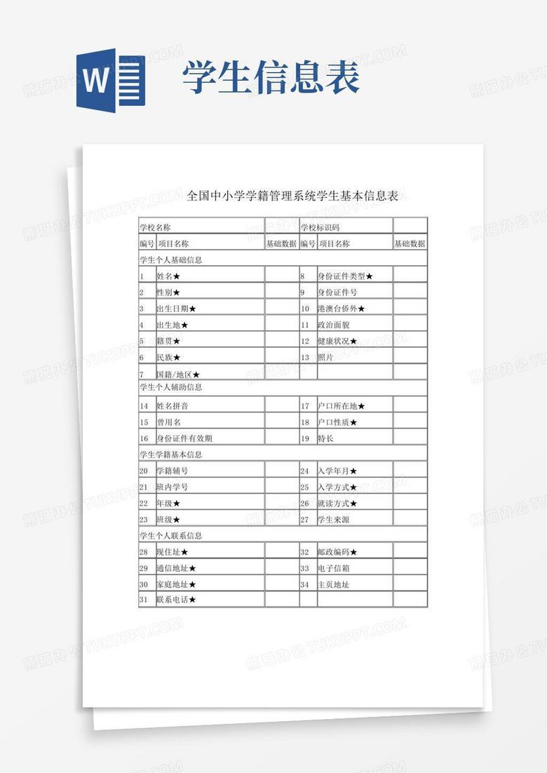 全国中小学学籍管理系统学生基本信息表[空白可直接打印]