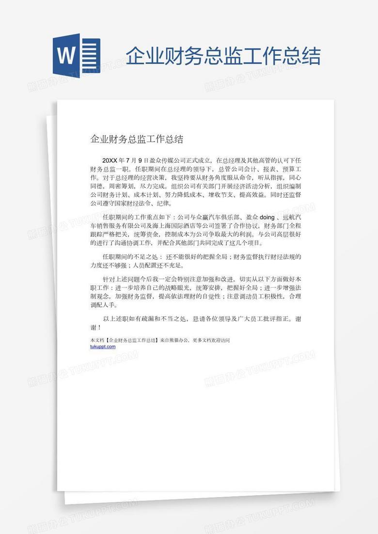企业财务总监工作总结