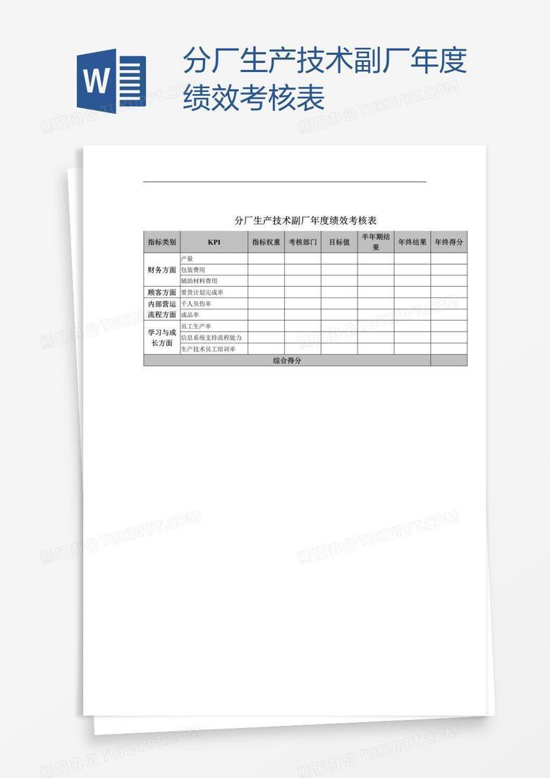 分厂生产技术副厂年度绩效考核表 分厂生产技术副厂年度绩效考核表