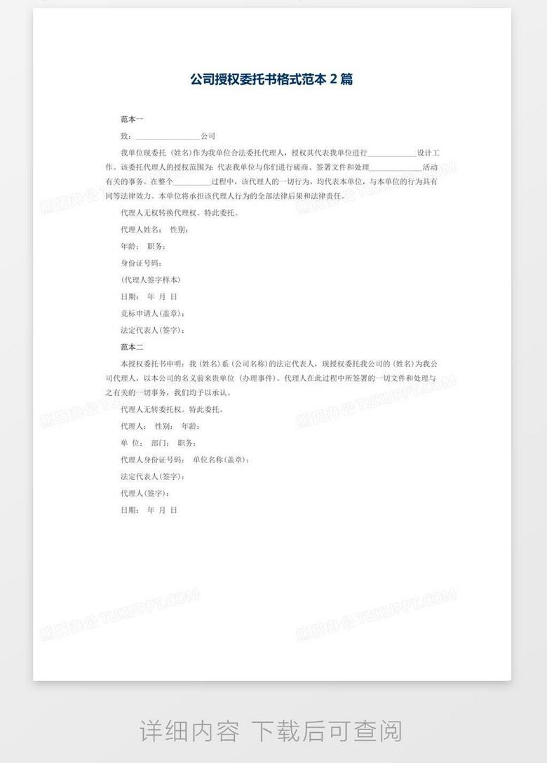 公司授权委托书格式范本2篇