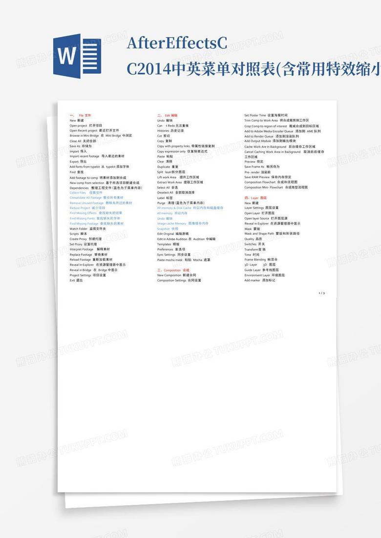 AfterEffectsCC2014中英菜单对照表(含常用特效缩小版本)