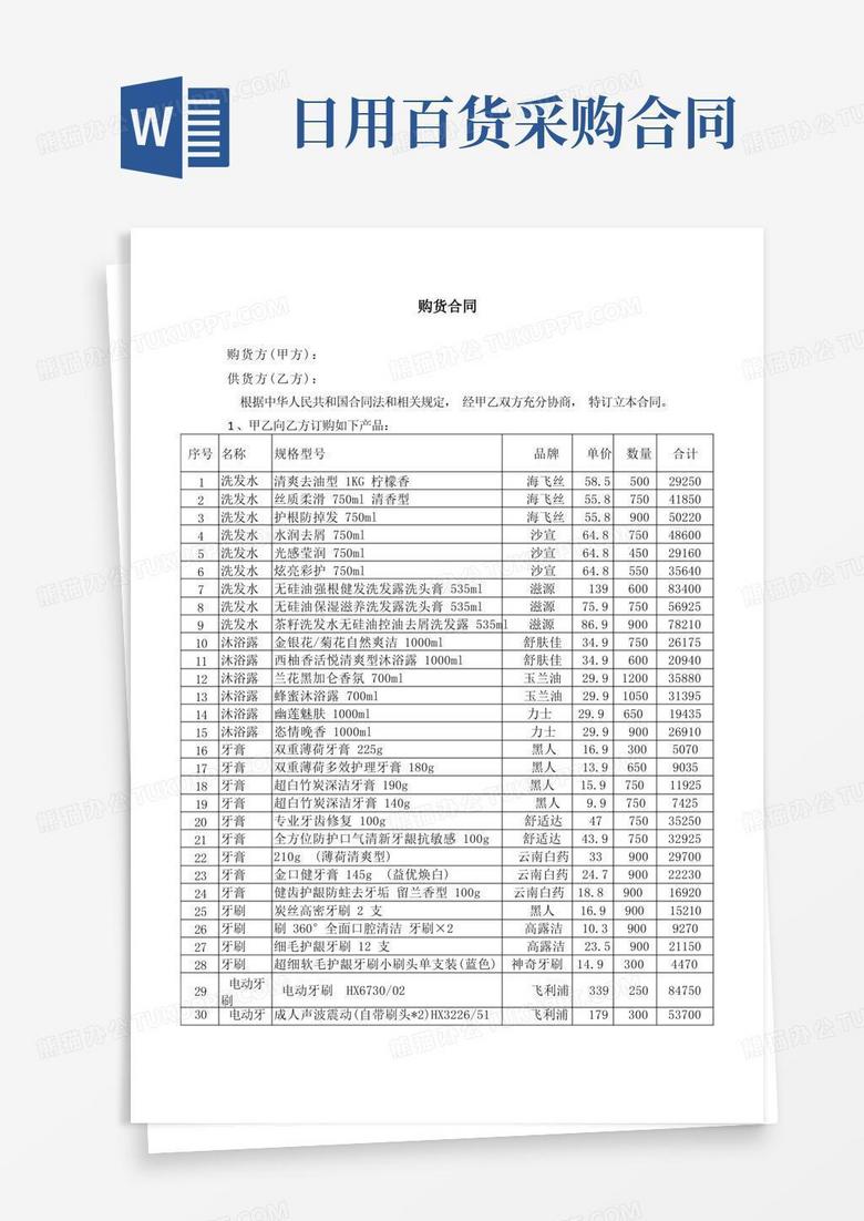 好用的日用百货购销合同及清单