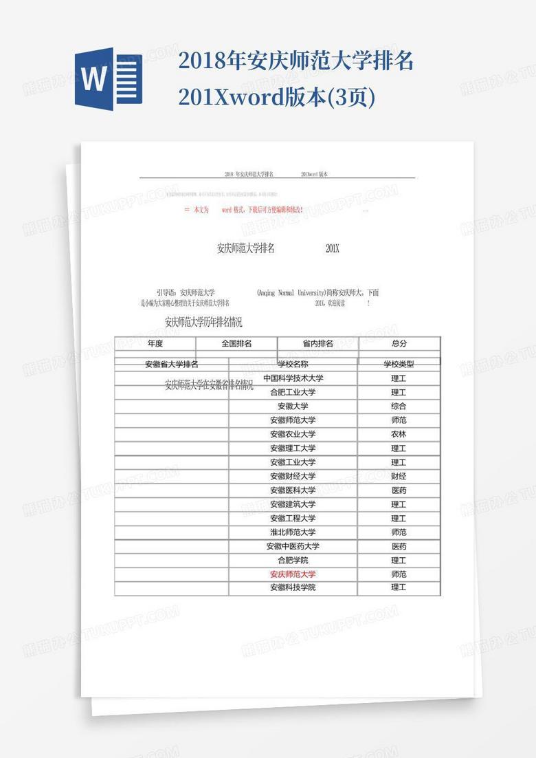 2018年安庆师范大学排名201Xword版本(3页)