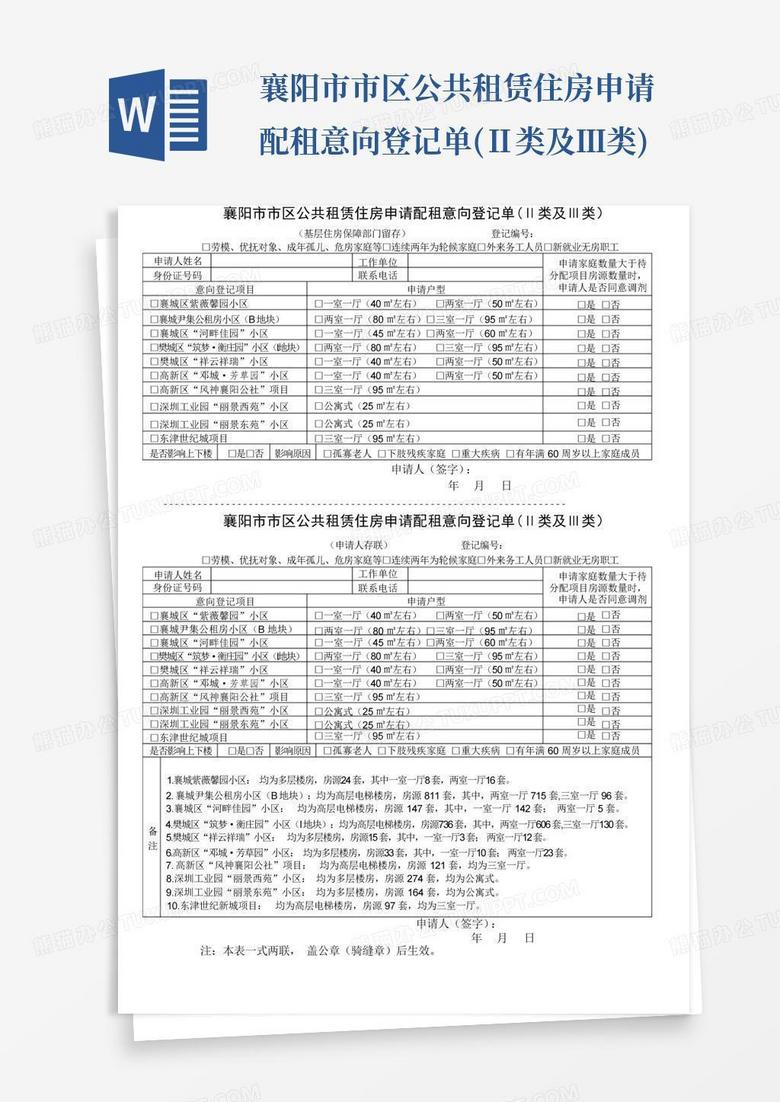 襄阳市市区公共租赁住房申请配租意向登记单(Ⅱ类及Ⅲ类)