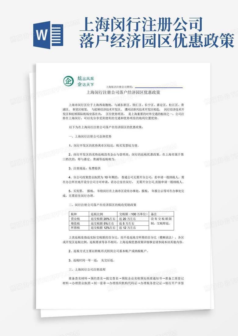 上海闵行注册公司落户经济园区优惠政策