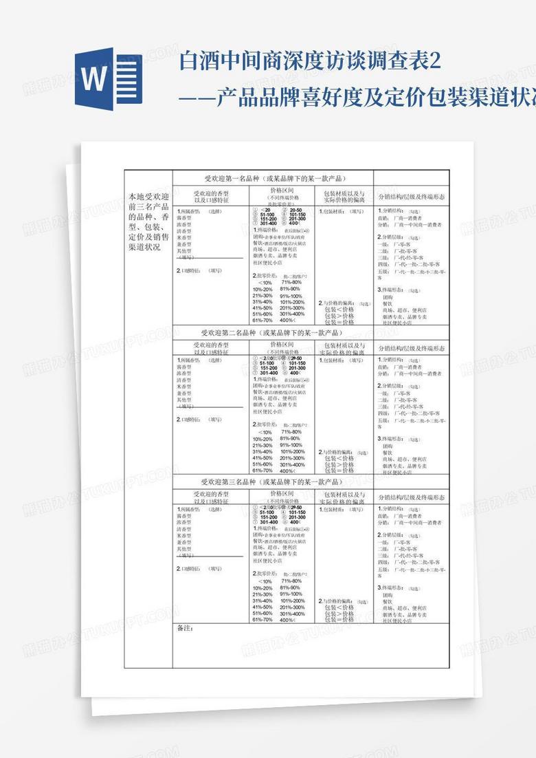 白酒中间商深度访谈调查表2——产品品牌喜好度及定价包装渠道状况_...