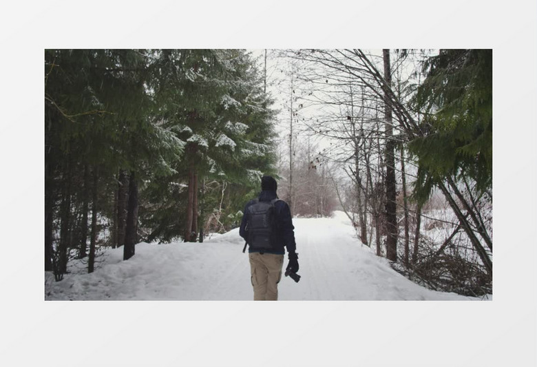 固定镜头拍摄摄影师走在森林里的雪地上实拍视频素材