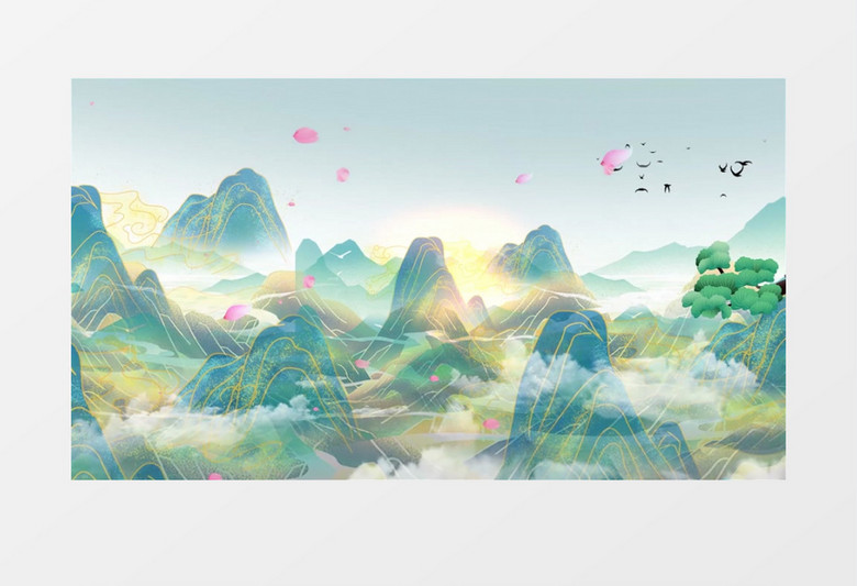 中国风国潮鎏金风山水背景视频