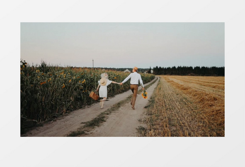 一对情侣手拿向日葵携手奔跑在小路上实拍视频素材