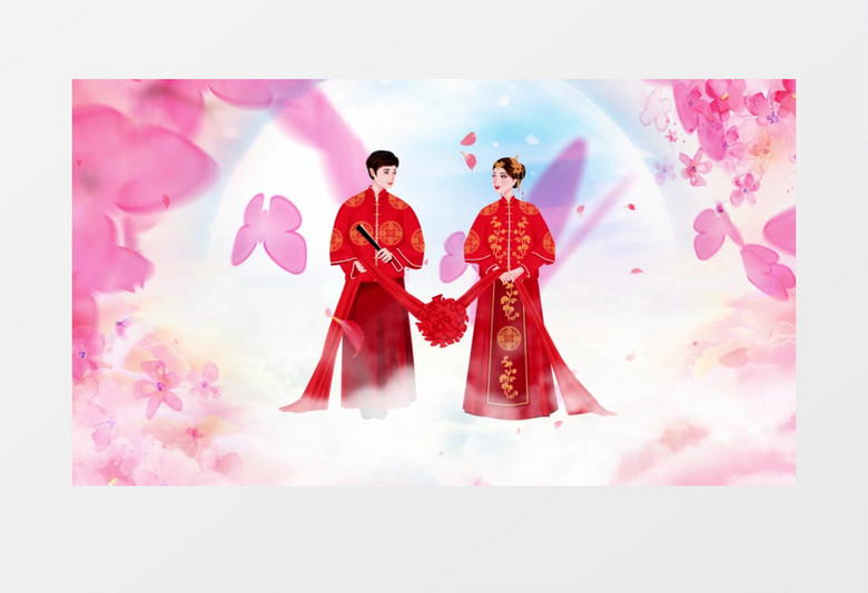 清新粉色中式婚礼背景片头pr模板