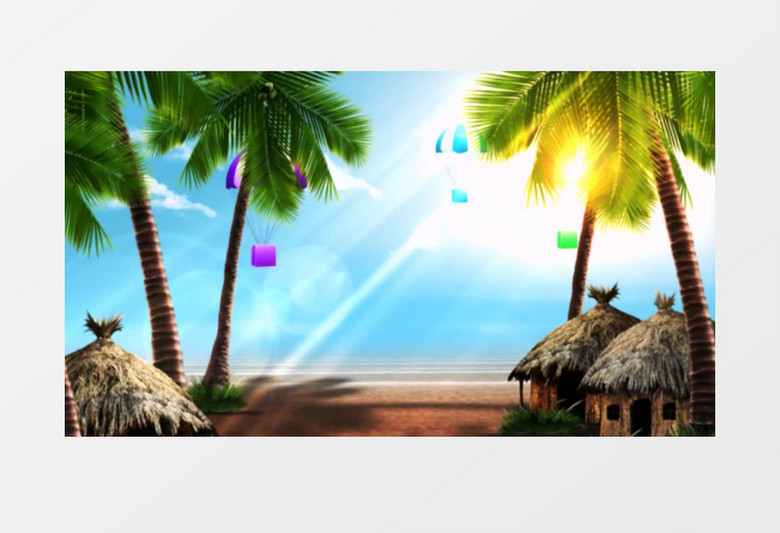 海滩椰树草屋背景视频（有音乐）