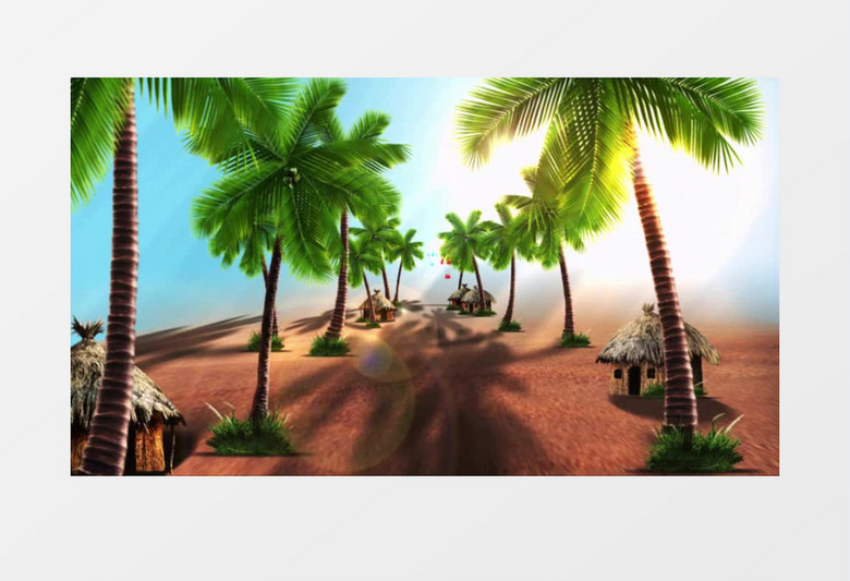  夏天阳光海边沙滩椰树茅屋背景视频（有音乐）