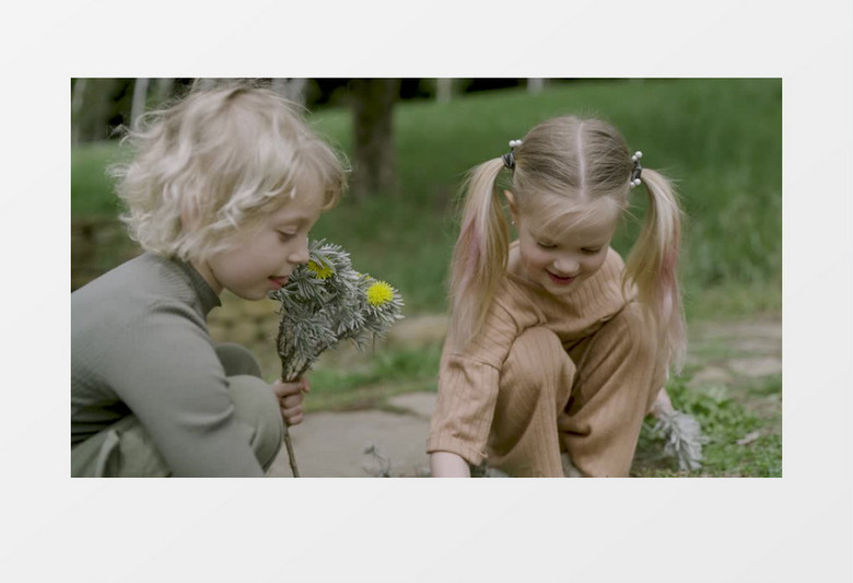 小男孩跟小女孩在路边采花实拍视频