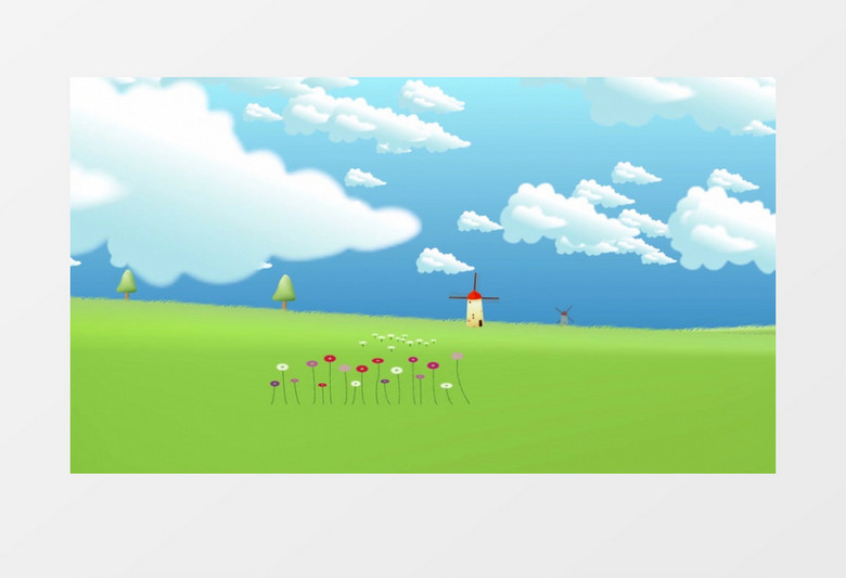 卡通蓝天白云绿草地和风车背景视频素材