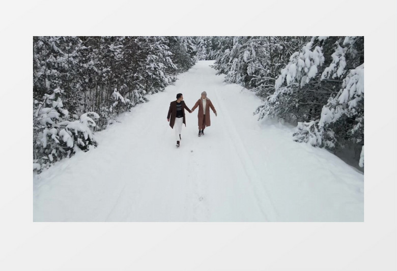 一对情侣手牵手走在被雪覆盖的树林中实拍视频素材