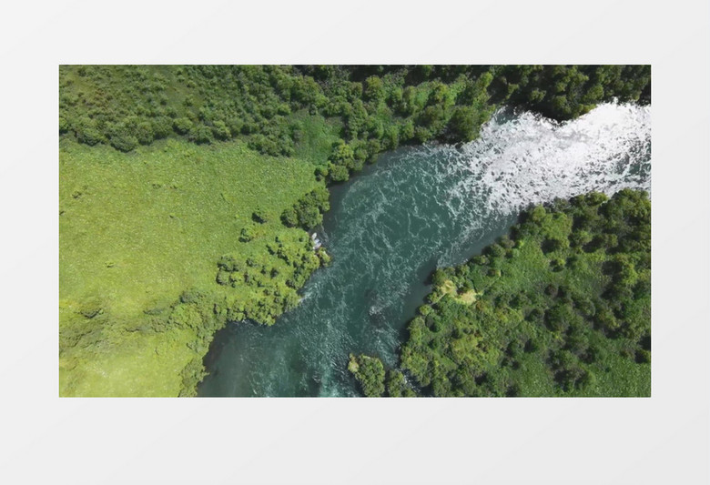 俯拍树林中间流淌的河水实拍视频素材