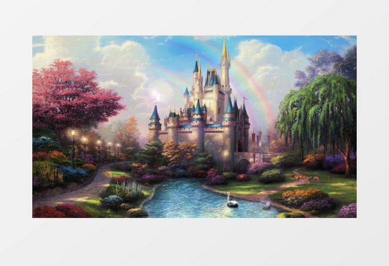 彩虹出现在唯美的童话城堡