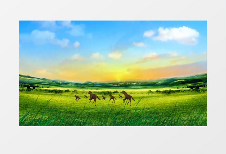 动画动态蒙古草原天地马群奔跑(有音乐)背景视频素材