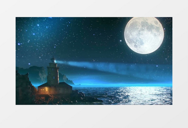 梦幻灯塔月亮海水星空夜晚背景视频