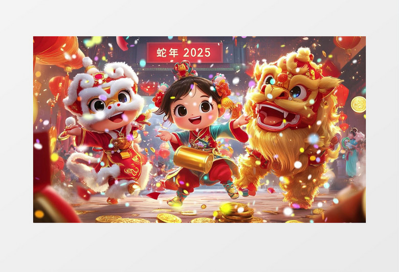 喜庆春节可爱儿童舞狮背景视频