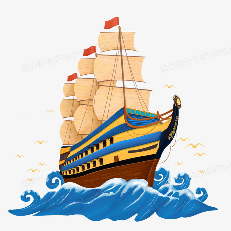 手绘国潮风中式帆船免抠素材