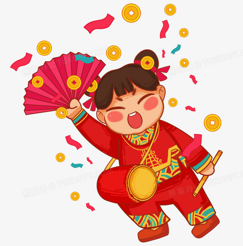 新年可爱女女娃敲花鼓灯元素