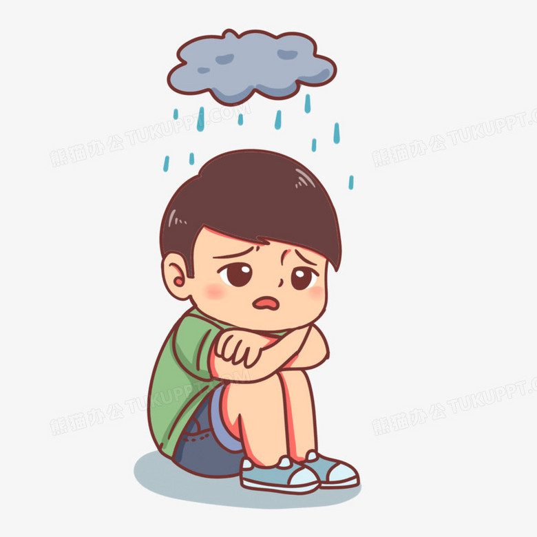 手绘卡通难过抑郁小男孩抱腿人物素材