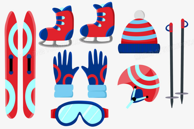 一组卡通手绘滑雪装备免抠元素