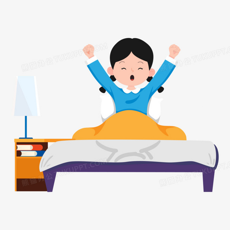卡通手绘女孩早上起床伸懒腰免抠元素