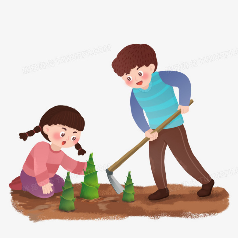 卡通手绘男孩女孩挖笋场景元素